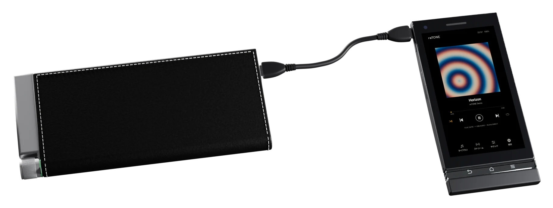 Xperia P と OPPO HA-2 をつないだところ。画面は reTONE の表示「USB AUDIO • 96 kHz DIRECT」。3D で描いた絵