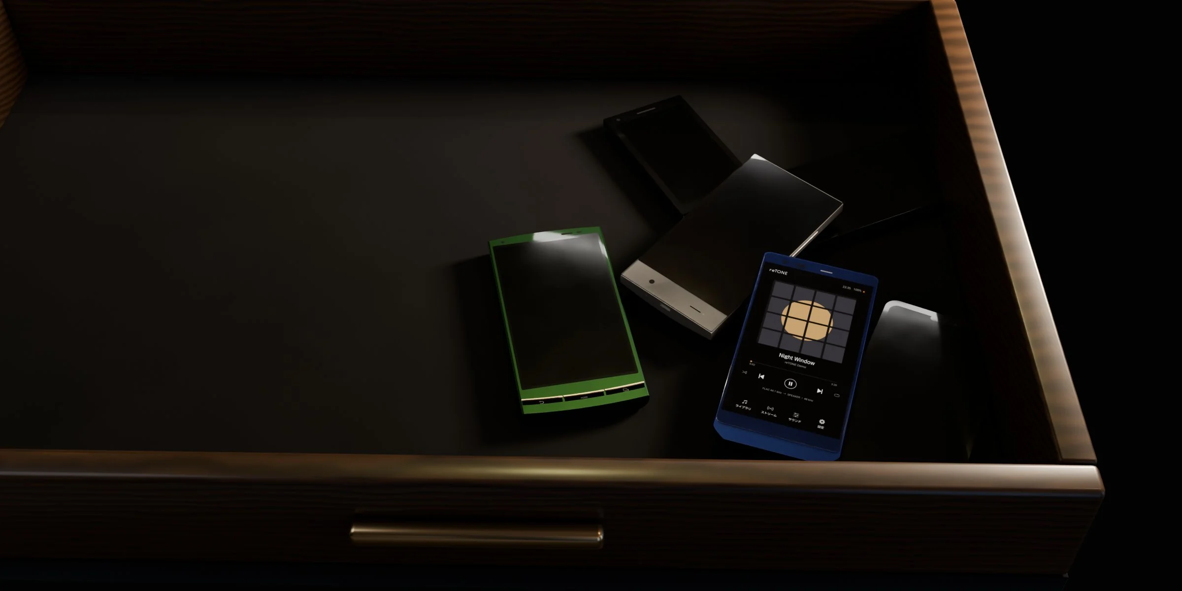 引き出しの中のスマートフォン。1 台だけ reTONE が点いている（3D で描いた絵）